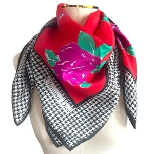 Christian Dior Red Black Check Border Purple Floral Vanity 100% Silk Scarf